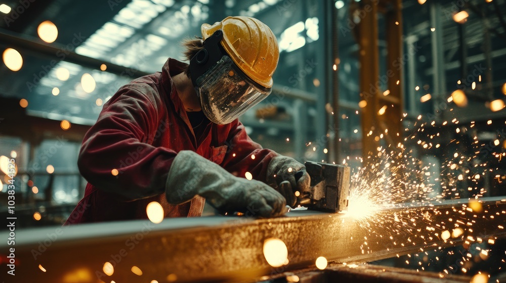Skilled worker grinding steel beam with precision, focus on grinder and sparks, construction work Skilled worker grinding steel beam with precision, focus on grinder and sparks, construction work