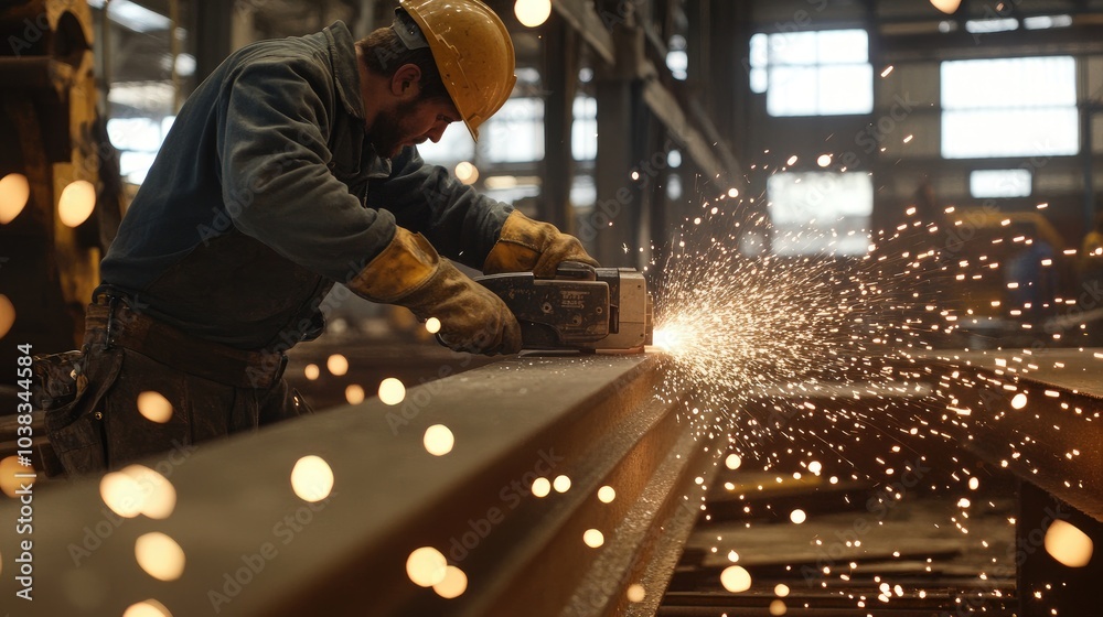Skilled worker grinding steel beam with precision, focus on grinder and sparks, construction work Skilled worker grinding steel beam with precision, focus on grinder and sparks, construction work