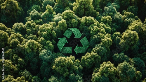 A dense, vibrant green forest with a large recycle symbol