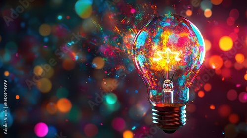 An illuminated light bulb is surrounded by colorful abstract patterns and streaks