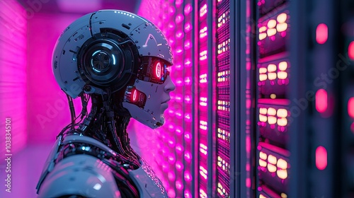 A futuristic robotic figure with a digital photo