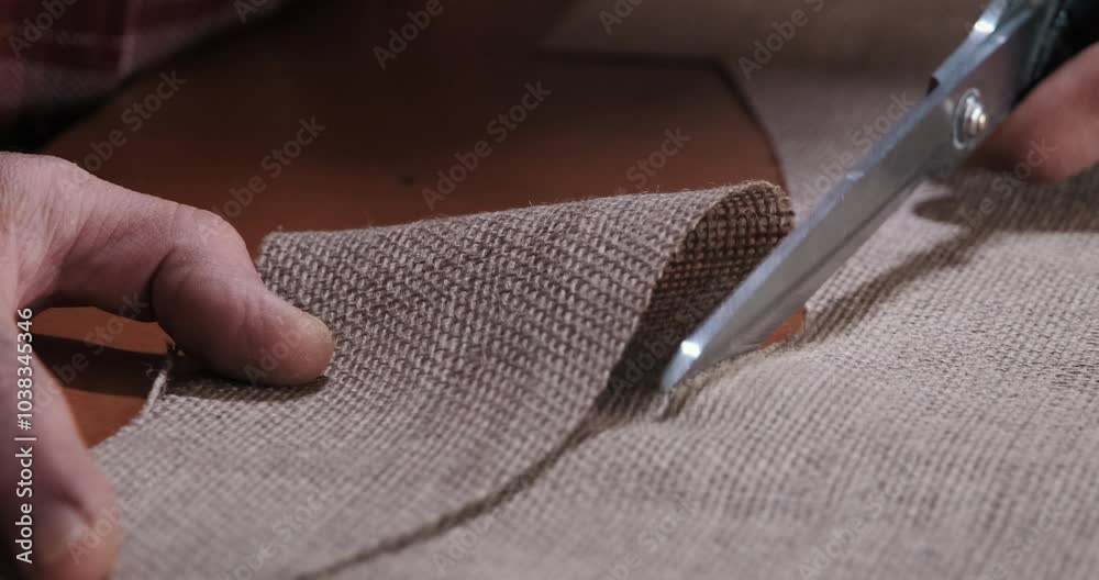 Close-up of hands cutting fabric with scissors showcases the delicate craftsmanship and artisan mastery of textiles, perfect for DIY and handmade projects.