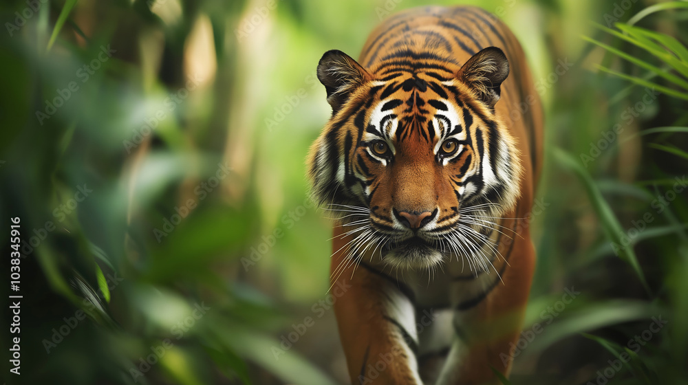 Majestic sumatran tiger walks gracefully in lush jungle, blending with vibrant surroundings, making eye contact with camera in captivating close-up. Importance of conservation highlighted Majestic sumatran tiger walks gracefully in lush jungle, blending with vibrant surroundings, making eye contact with camera in captivating close-up. Importance of conservation highlighted