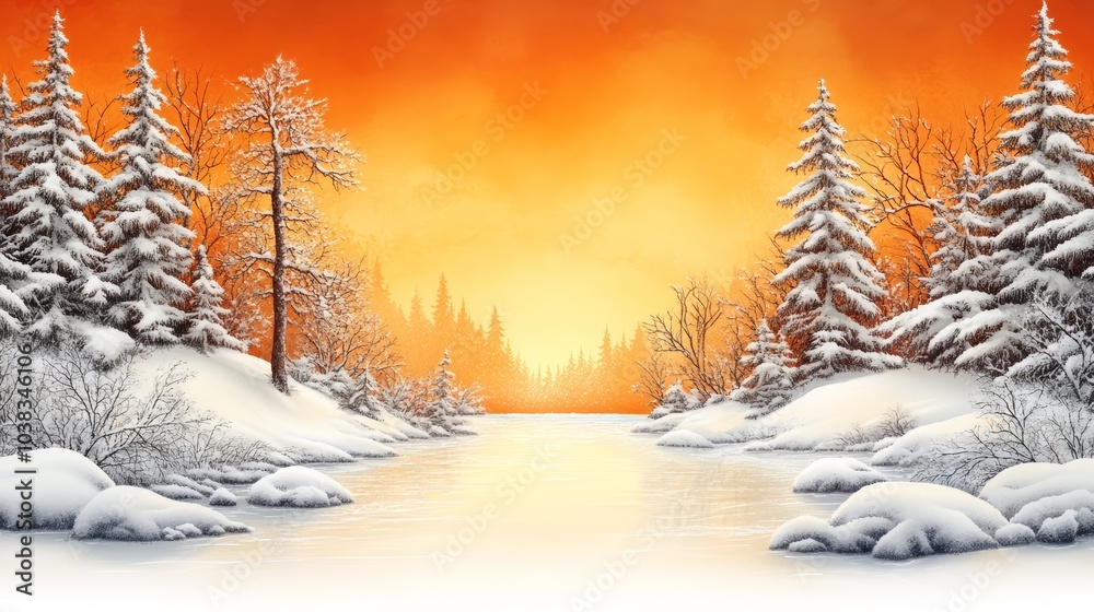Winter landscape with snow-covered trees and a tranquil river at sunset. Winter landscape with snow-covered trees and a tranquil river at sunset.
