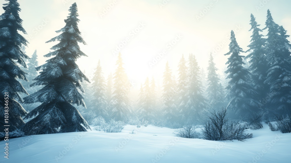 Naklejka premium Winter landscape with snow-covered trees and soft sunlight illuminating the forest.