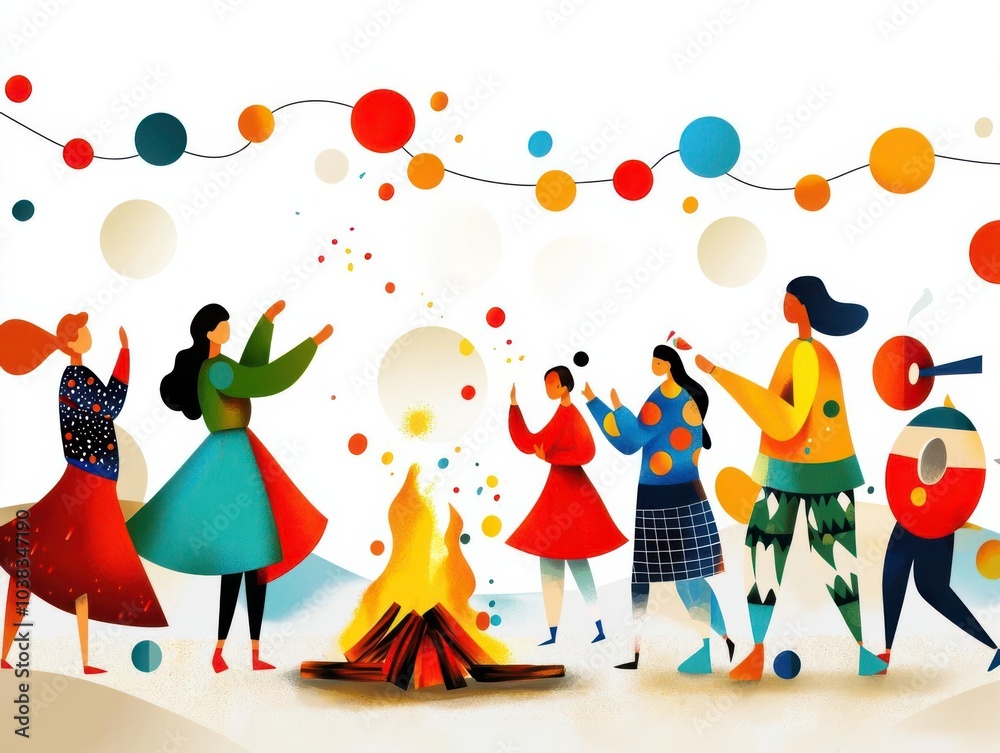 New Year 2025, rhythmic dancing around a bonfire on the beach, festive atmosphere, flat design illustration New Year 2025, rhythmic dancing around a bonfire on the beach, festive atmosphere, flat design illustration