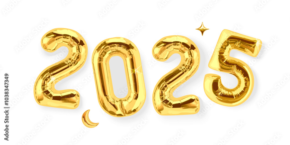 Gold balloon 2025 with moon and star isolated on white background. Horizontal banner for Christmas or New Year. EPS 10. Gold balloon 2025 with moon and star isolated on white background. Horizontal banner for Christmas or New Year. EPS 10.
