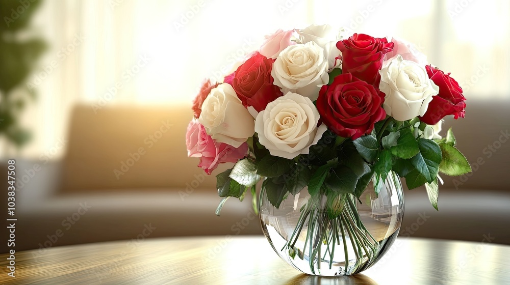 Beautiful Rose Bouquet in Bright Living Room Setting Beautiful Rose Bouquet in Bright Living Room Setting