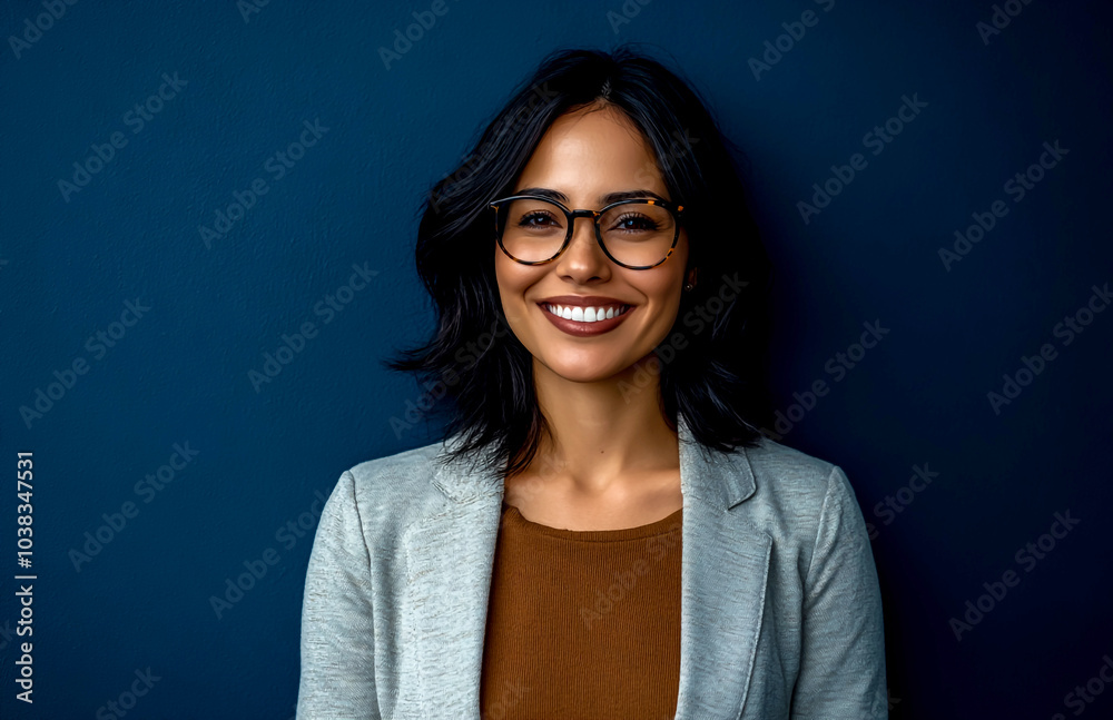 A happy woman wearing eyeglasses and smiling while standing against a dark blue background A happy woman wearing eyeglasses and smiling while standing against a dark blue background