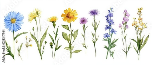 Botanical flower set: watercolor hand-drawn summer wild field flowers including fennel, chicory, echinacea, Saint John's wort, and valerian