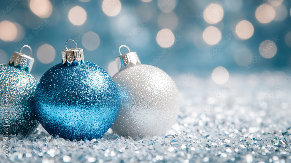 A close-up view of shimmering blue and white christmas ornaments capturing the essence of holiday cheer and festive spirit A close-up view of shimmering blue and white christmas ornaments capturing the essence of holiday cheer and festive spirit