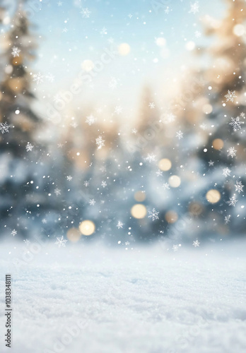 Enchanting winter wonderland a tranquil snowy landscape with blurred trees and soft snowfall
