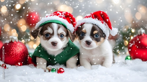 Two Puppies Dressed in Christmas Outfits Sitting in the Snow