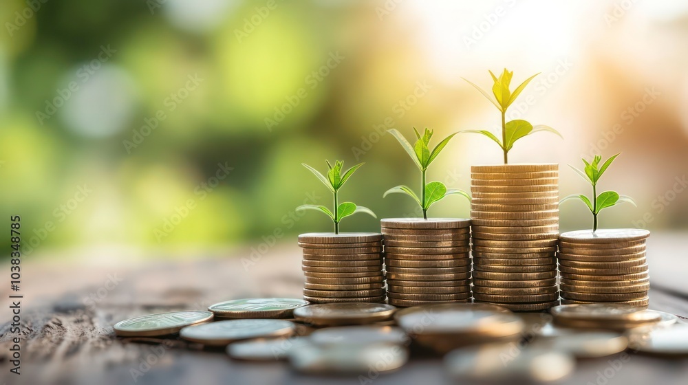 Four growing plants on stacks of gold coins, symbolizing financial growth and wealth. Four growing plants on stacks of gold coins, symbolizing financial growth and wealth.
