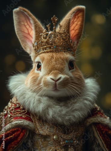 Regal rabbit in ornate royal attire with gold details 