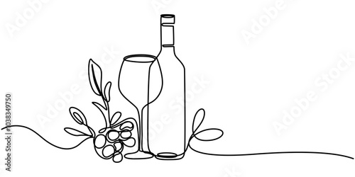 continuous line of wine bottles and glasses.one line drawing vector of wine bottles and glasses.wine drawn in one simple line, Beer glass and bottle one continuous line drawing vector illustration.