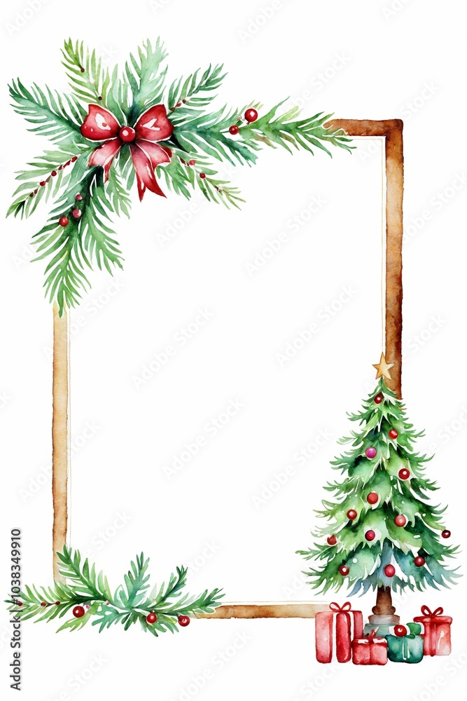 Watercolor Greeting Card Illustration of A Christmas Tree, Festive Decorations and Copy Space Watercolor Greeting Card Illustration of A Christmas Tree, Festive Decorations and Copy Space