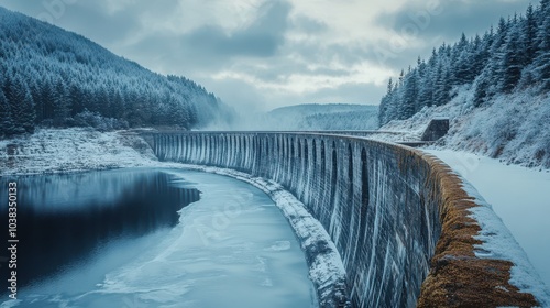 wilderness, reservoir, structure, A low angle view of the Carron Valley Reservoir Dam in Scotland during the winter showcasing the frozen landscape and the towering structure of the dam