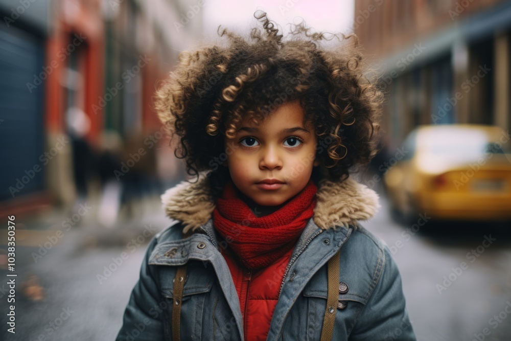 Portrait of a little girl with curly hair in the city. Portrait of a little girl with curly hair in the city.