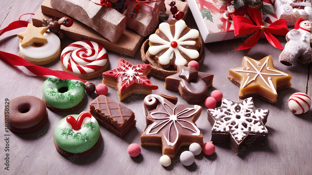 Christmas cookies, Christmas snacks, Christmas sweet snacks, Christmas desserts design concept background, ai generated