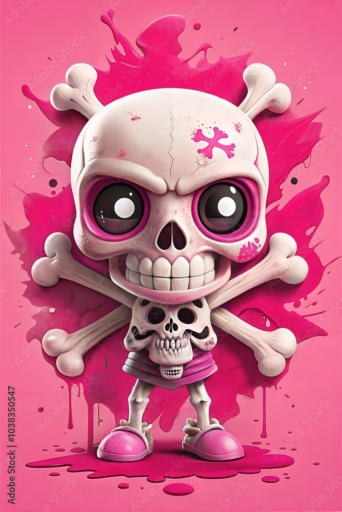 A whimsical character features a large pink skull with oversized eyes, holding a smaller skull. The background is lively with pink splashes and bones, creating a fun, striking contrast. Generative AI A whimsical character features a large pink skull with oversized eyes, holding a smaller skull. The background is lively with pink splashes and bones, creating a fun, striking contrast. Generative AI