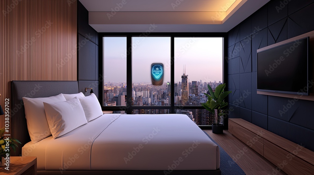 A modern hotel bedroom featuring a large window with a cityscape view, stylish decor, and minimalist furnishings. A modern hotel bedroom featuring a large window with a cityscape view, stylish decor, and minimalist furnishings.