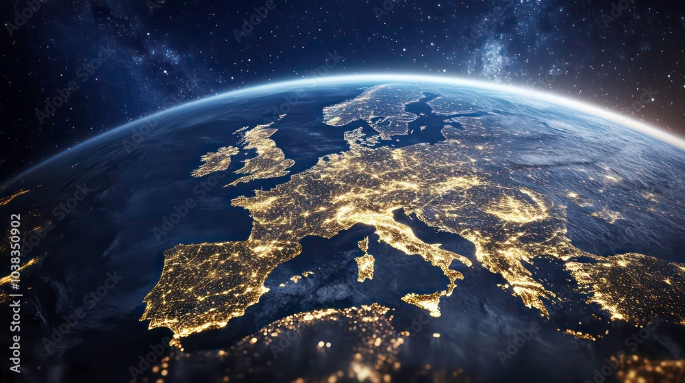 A breathtaking view of Earth from space, showcasing the bright lights of Europe at night, with the Milky Way Galaxy shimmering above. A breathtaking view of Earth from space, showcasing the bright lights of Europe at night, with the Milky Way Galaxy shimmering above.