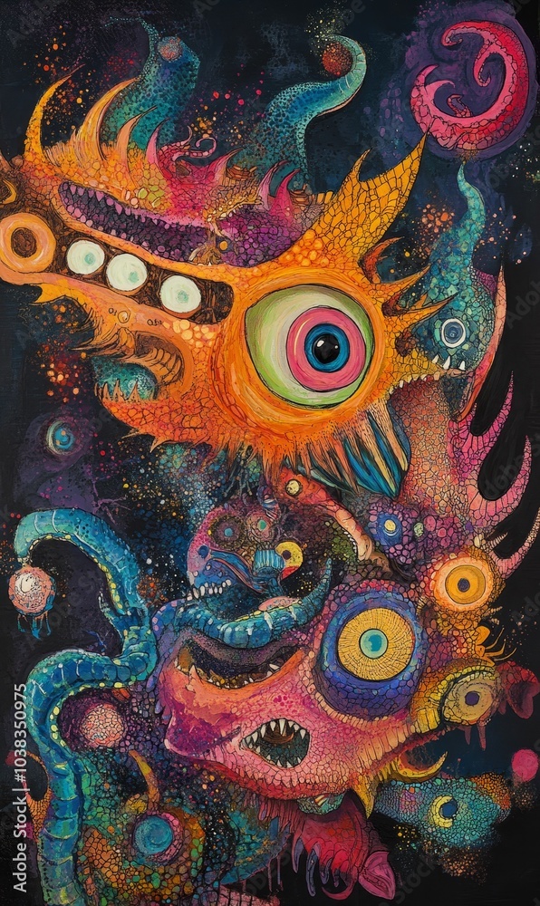 Abstract painting of colorful mythical creatures. Abstract painting of colorful mythical creatures.