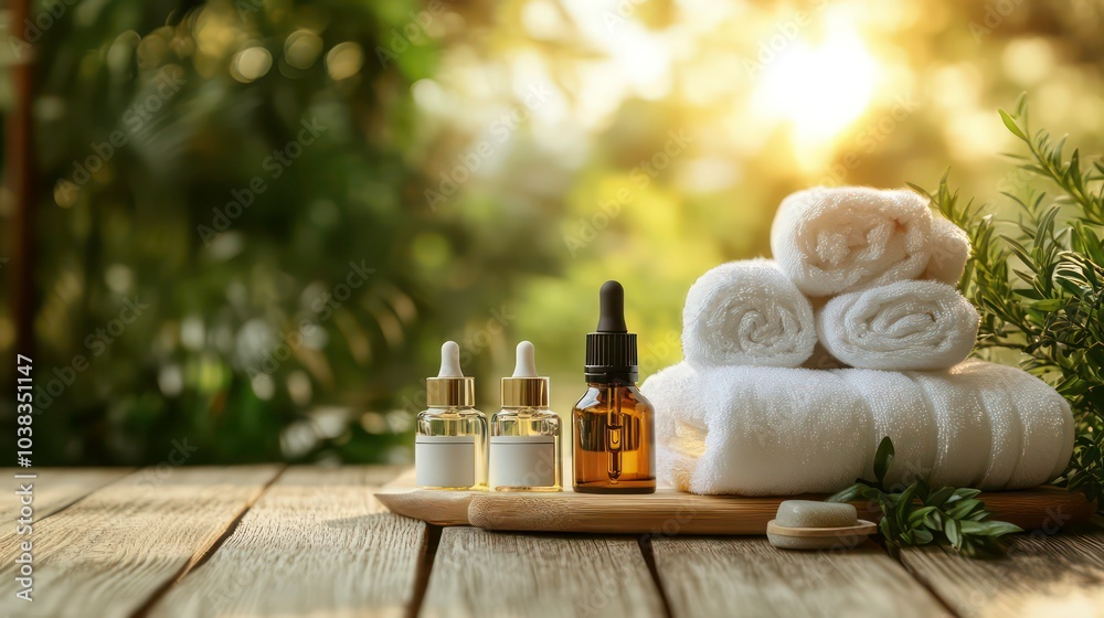 Spa essentials - towels, essential oils, and a wooden brush, on a wooden table with a blurred green nature background. Spa essentials - towels, essential oils, and a wooden brush, on a wooden table with a blurred green nature background.
