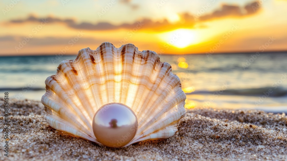 Beautiful Shell with Pearl at Sunset on the Beach Beautiful Shell with Pearl at Sunset on the Beach