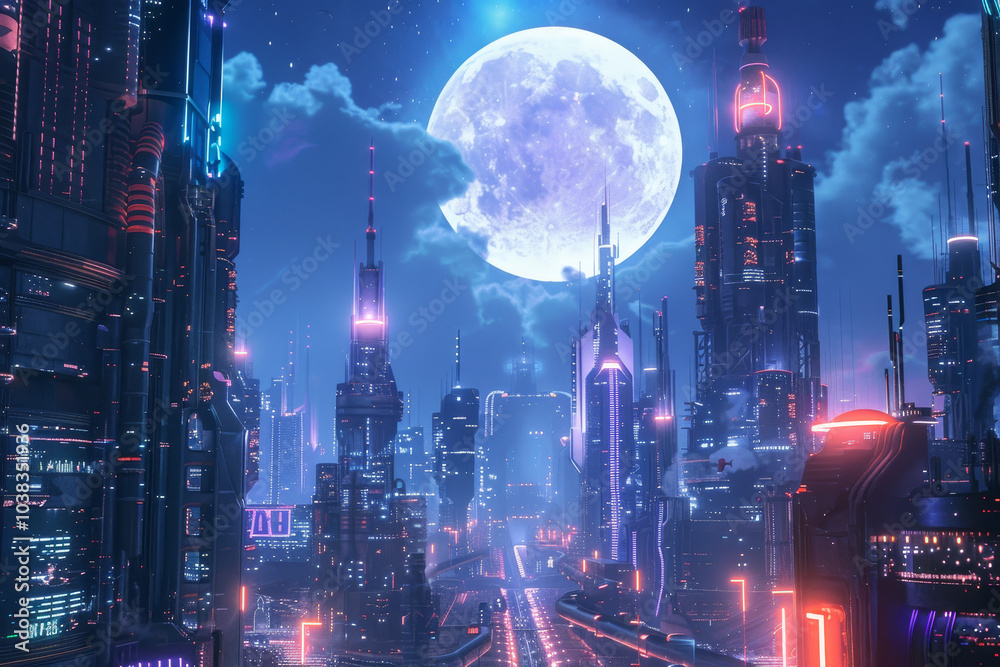Obraz premium A cityscape with a large moon in the sky