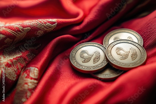 Golden coins on luxurious red fabric with patterns. photo