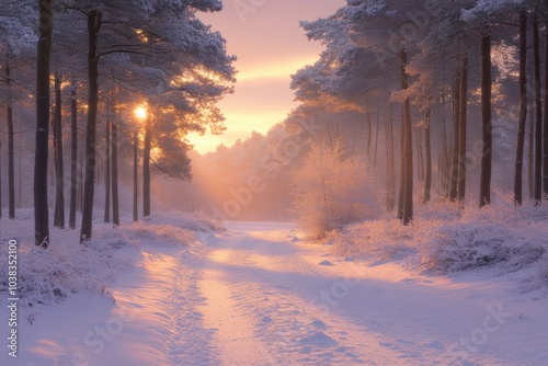 winter wonderland, winter woodland with snow-covered pine trees, frosty branches, and pinkish dawn light tranquil december scene photo