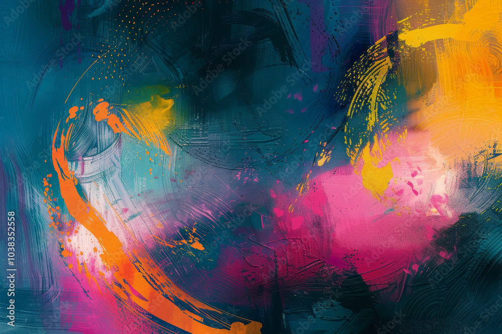 Fototapeta premium A painting with splatters of blue, yellow, and pink