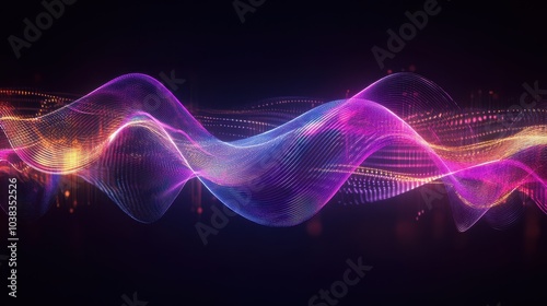 Abstract Glowing Purple and Orange Wave with Dots on Dark Background - Futuristic Technology and Digital Art Concept.