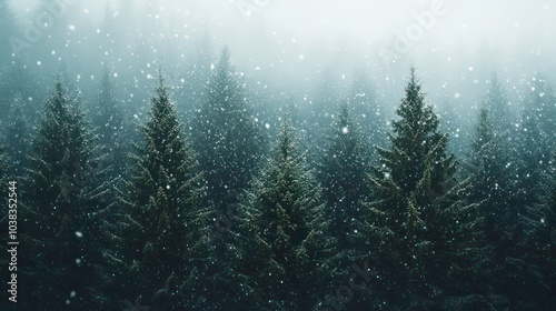 A misty forest with snow falling on tall evergreen trees.