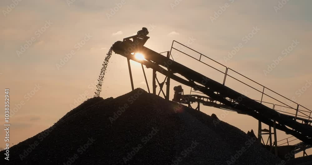 Silhouette of crushing screening plant. Mining conveyor belt sorting rocks. Heavy machinery working for minerals extraction