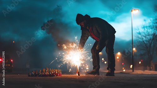 Person lighting fireworks on street at night