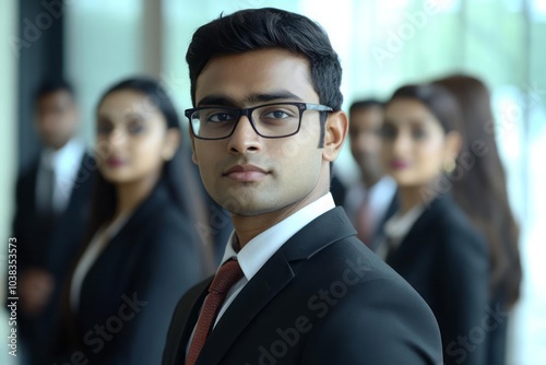 Indian Asian young business professionals executive standing in group and looking at camera