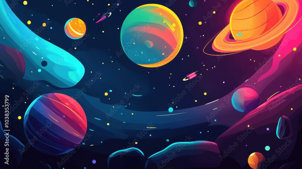 Colorful Planets and Stars in Space - Abstract Cosmic Background Illustration. Colorful Planets and Stars in Space - Abstract Cosmic Background Illustration.