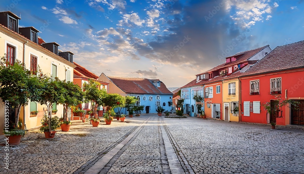 A Sunny Day in a Colorful European Town Square A Sunny Day in a Colorful European Town Square