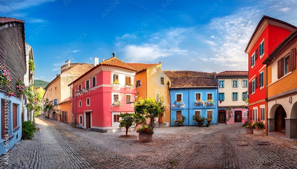 A Sunny Day in a Colorful European Town Square A Sunny Day in a Colorful European Town Square