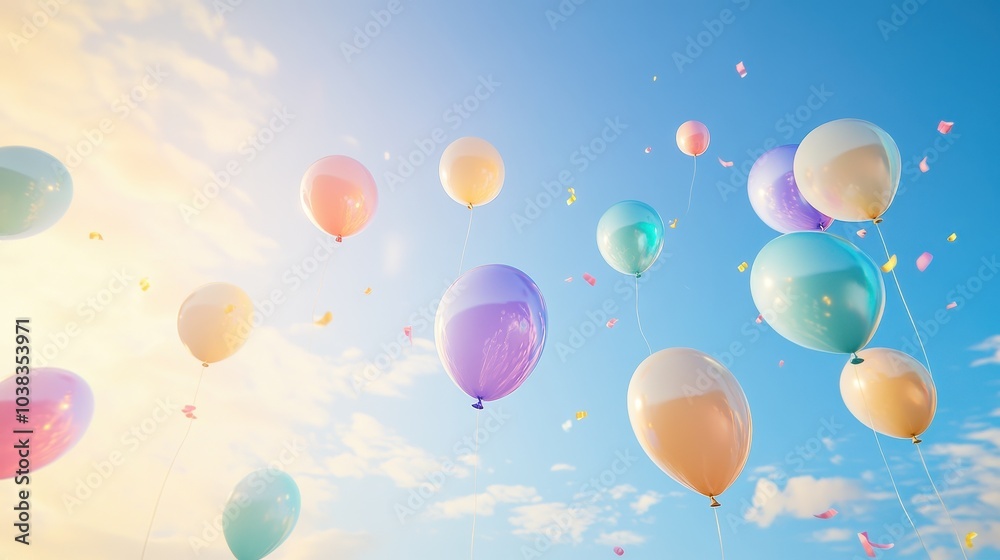 Colorful Balloons Floating in a Blue Sky with White Clouds and Confetti - Celebration, Joy, and Happiness. Colorful Balloons Floating in a Blue Sky with White Clouds and Confetti - Celebration, Joy, and Happiness.