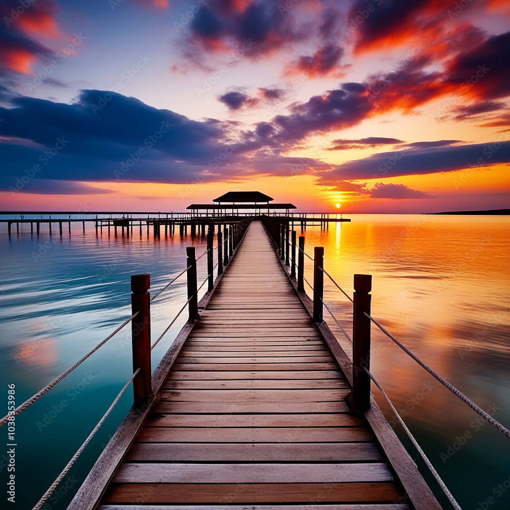Fototapeta premium Horizons Unveiled: Pier Silhouette and Captivating Sunset Panorama Over the Sea