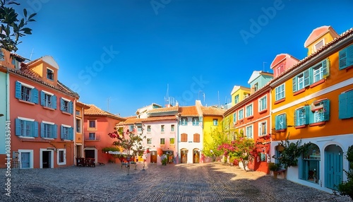 A Sunny Day in a Colorful European Town Square