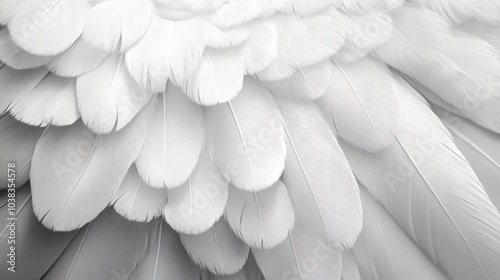 Closeup, white and feathers background for peace, calm and spirituality for God, religion and hope. Ai generated, feather and bird plumage for creative banner, texture or detail space for angel faith