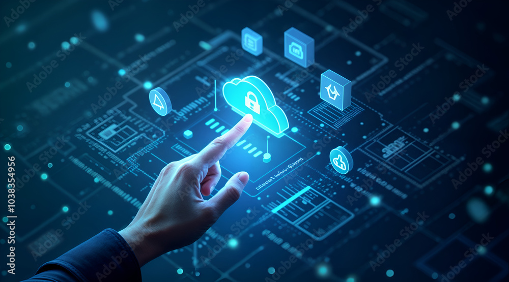Hand Interacting with Futuristic Digital Interface Featuring Various Technology Icons and Data Elements Highlighting Cloud Computing and Connectivity Hand Interacting with Futuristic Digital Interface Featuring Various Technology Icons and Data Elements Highlighting Cloud Computing and Connectivity