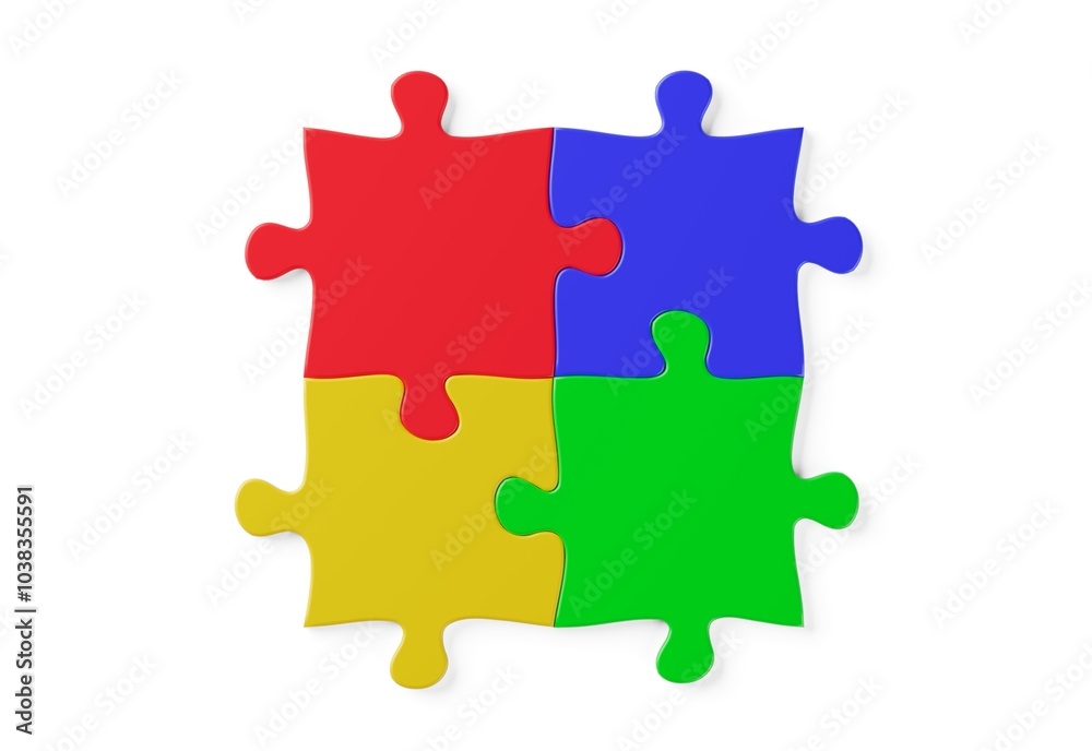 Four red, green, blue and yellow colored jigsaw puzzle pieces in white jigsaw puzzle background, brainstorming, software module or business teamwork concept Four red, green, blue and yellow colored jigsaw puzzle pieces in white jigsaw puzzle background, brainstorming, software module or business teamwork concept