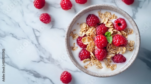 Bowl of Yogurt with Granola and Raspberries on a Marble Surface, Perfect for a Healthy and Delicious Breakfast or Snack