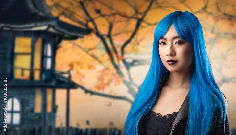 Halloween theme with woman in the background, with blue hair Halloween theme with woman in the background, with blue hair
